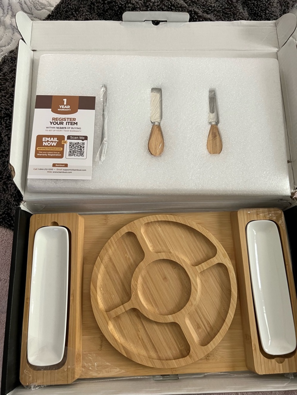 Bamboo Server Set with White Dishes - Natural Bamboo